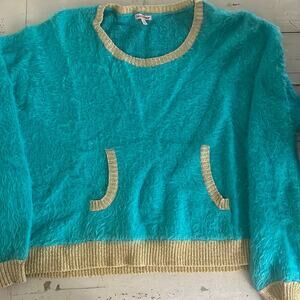 JUICY COUTURE Sweater Crop Shirt XL Eye Lash Sweater Ceramic Blue Lagoon Gold